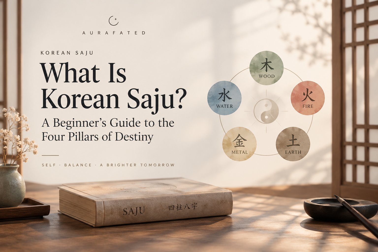 Korean Saju Four Pillars of Destiny with Five Elements Wood Fire Earth Metal and Water