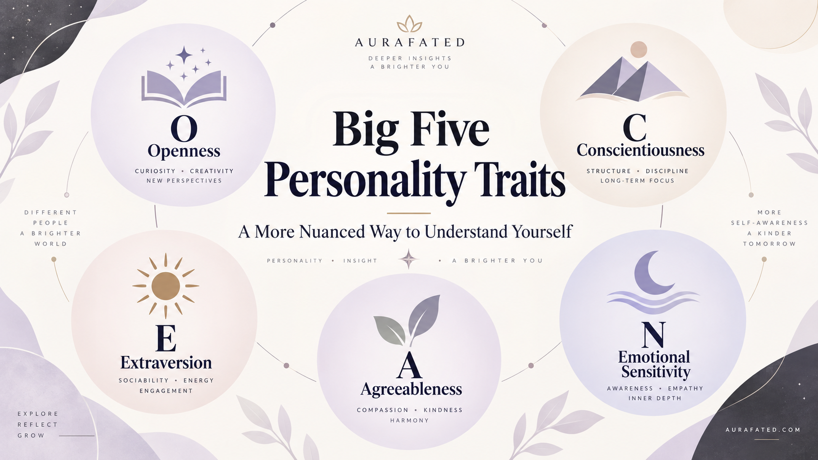 Big Five personality traits infographic showing Openness, Conscientiousness, Extraversion, Agreeableness, and Emotional Sensitivity